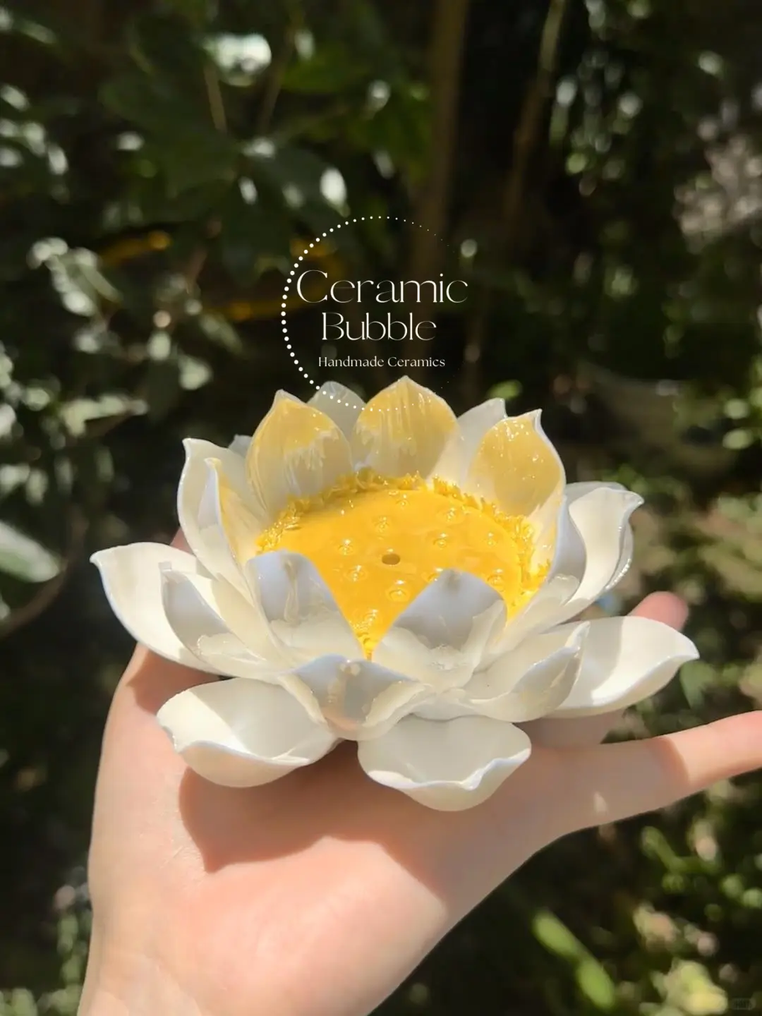 Handmade Blooming White Lotus Flower Shaped Ceramic Incense Stick Holder