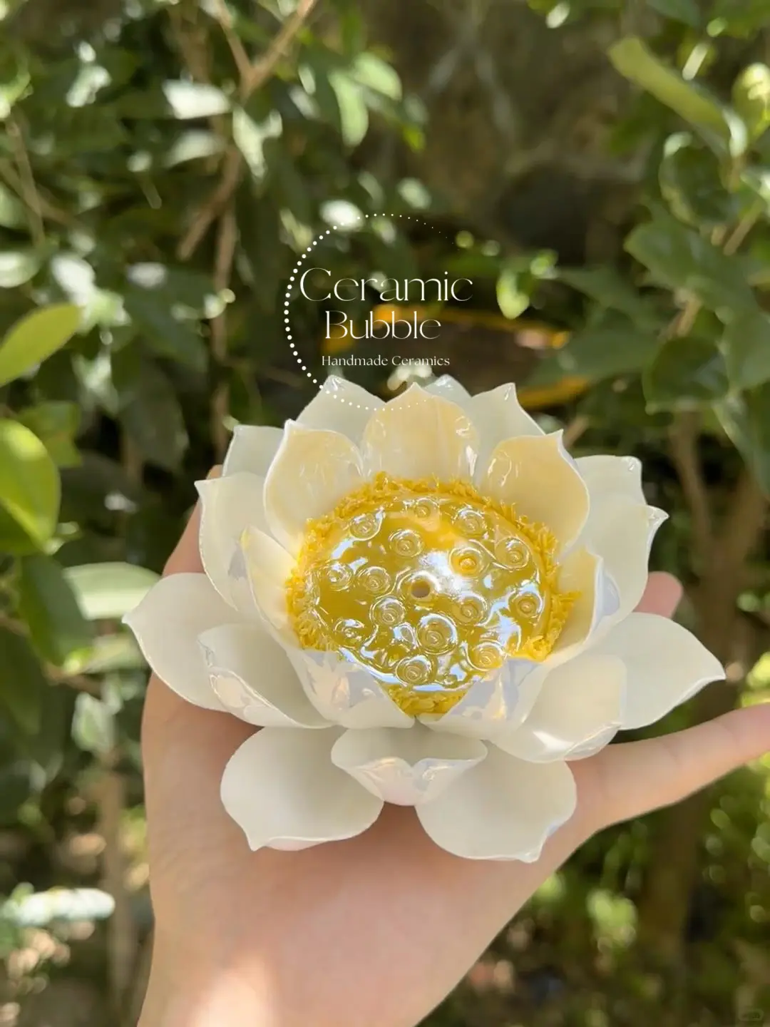 Handmade Blooming White Lotus Flower Shaped Ceramic Incense Stick Holder