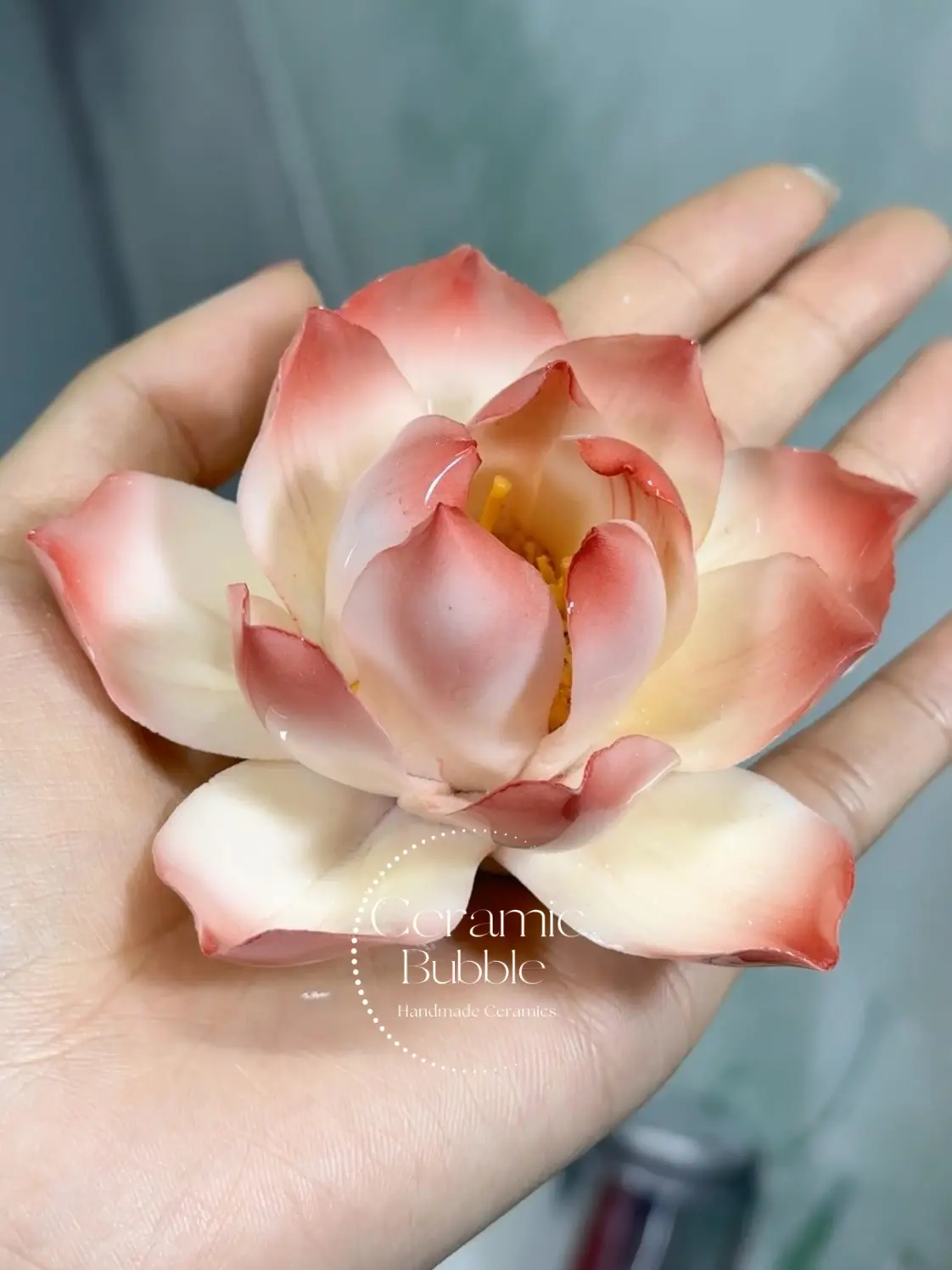 Handmade Red-White Gradient Lotus Flower Shaped Ceramic Incense Holder