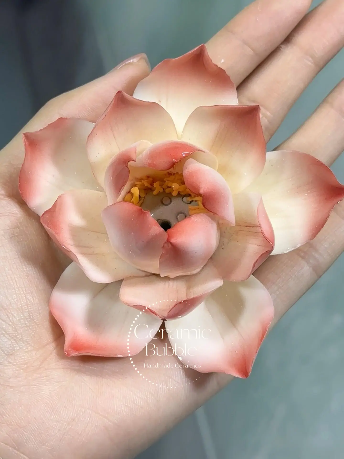 Handmade Red-White Gradient Lotus Flower Shaped Ceramic Incense Holder