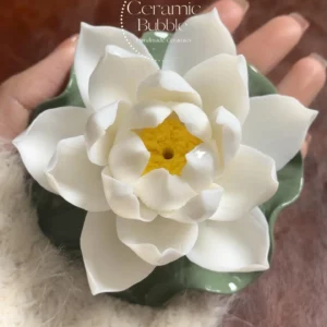 Handmade White Lotus Flower Shaped Ceramic Incense Stick Holder with Green Tray