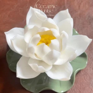 Handmade White Lotus Flower Shaped Ceramic Incense Stick Holder with Green Tray