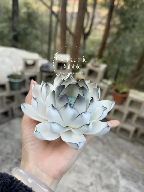 Unique Handmade Matte/Glossy Black-White Gradient Lotus Flower Shaped Ceramic Incense Holder