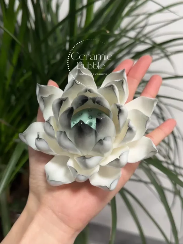 Unique Handmade Matte/Glossy Black-White Gradient Lotus Flower Shaped Ceramic Incense Holder