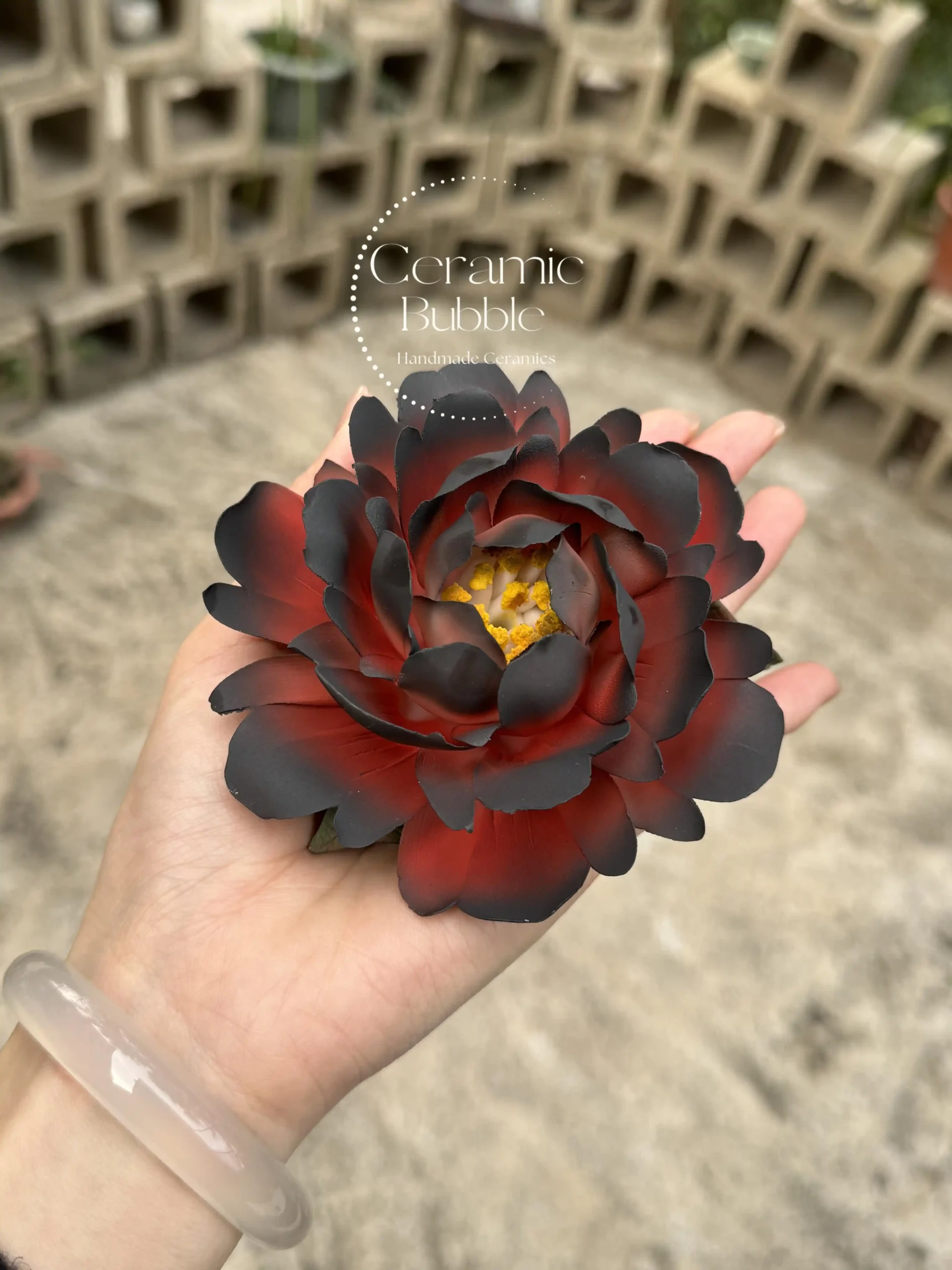 Handmade Red and Black Ceramic Incense Holder Statement Flower Shaped Incense Burner