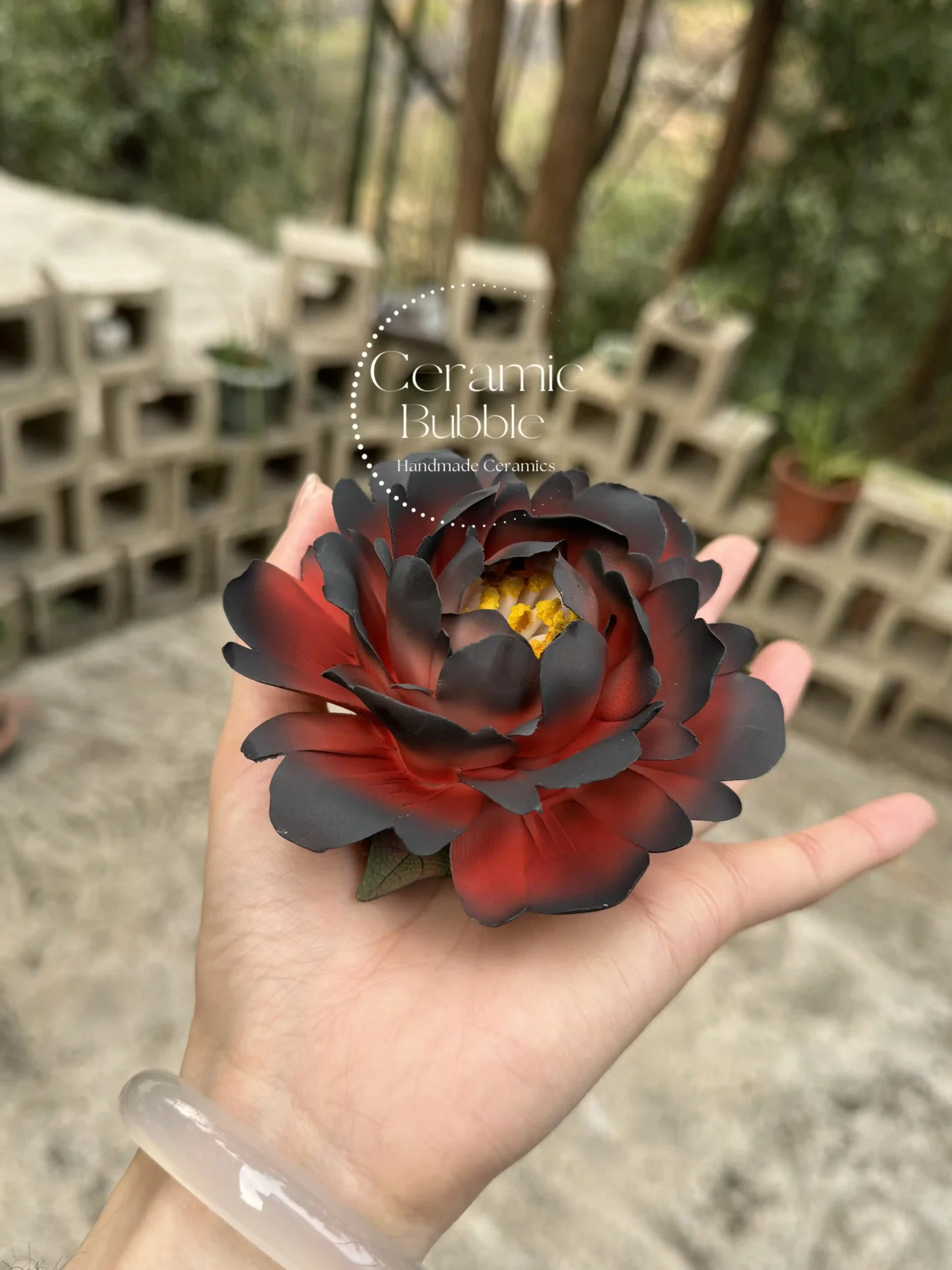 Handmade Red and Black Ceramic Incense Holder Statement Flower Shaped Incense Burner