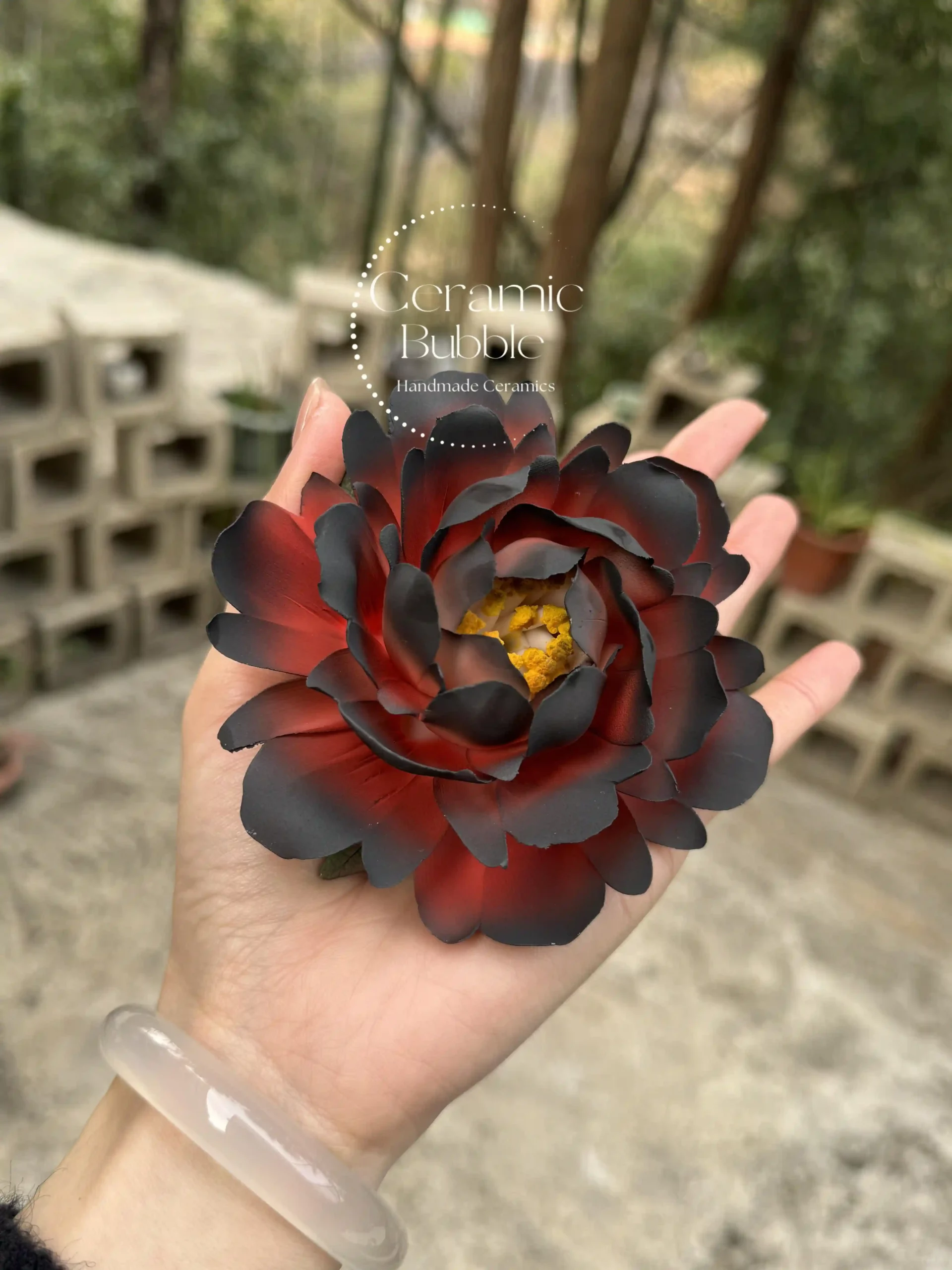 Handmade Red and Black Ceramic Incense Holder Statement Flower Shaped Incense Burner