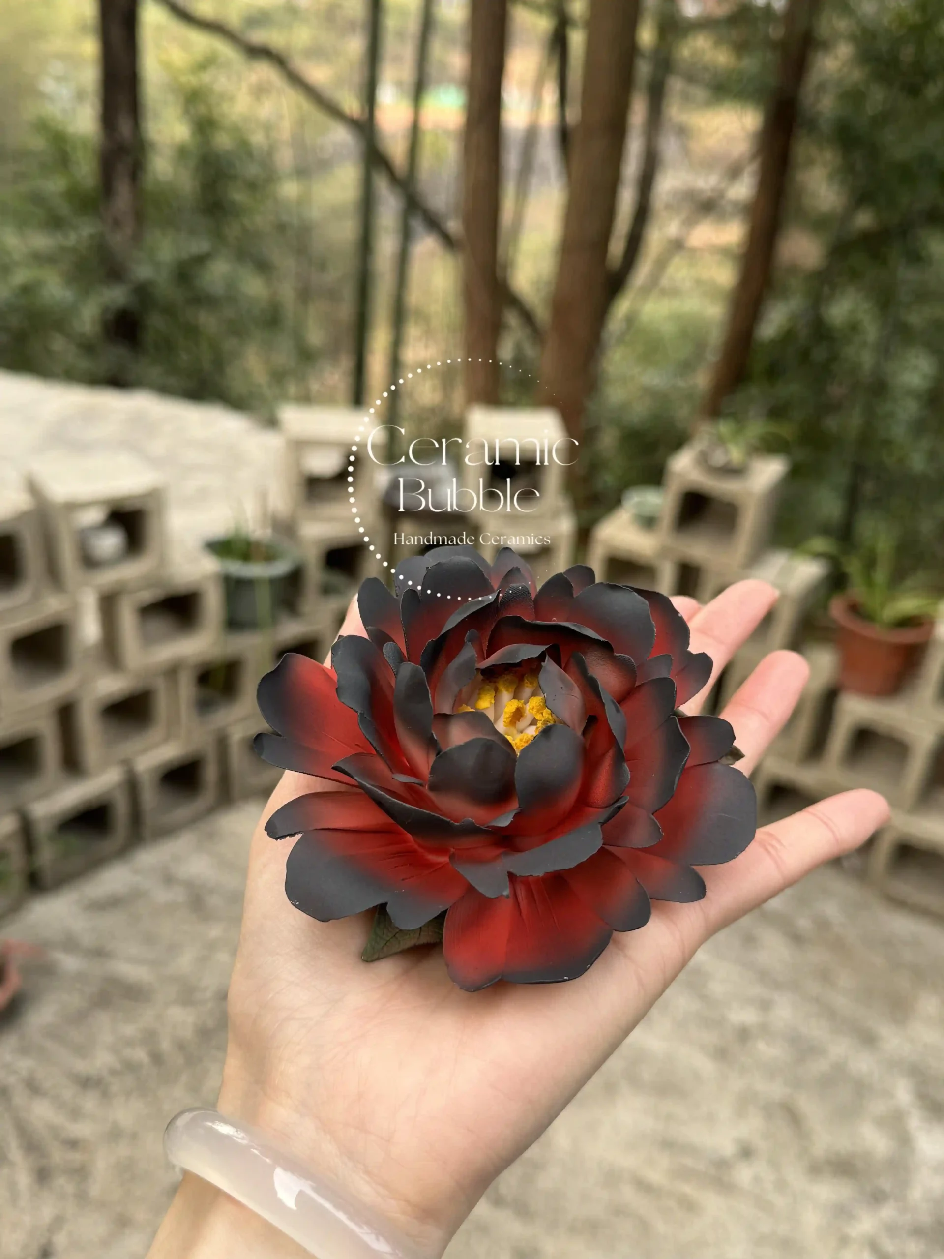 Handmade Red and Black Ceramic Incense Holder Statement Flower Shaped Incense Burner