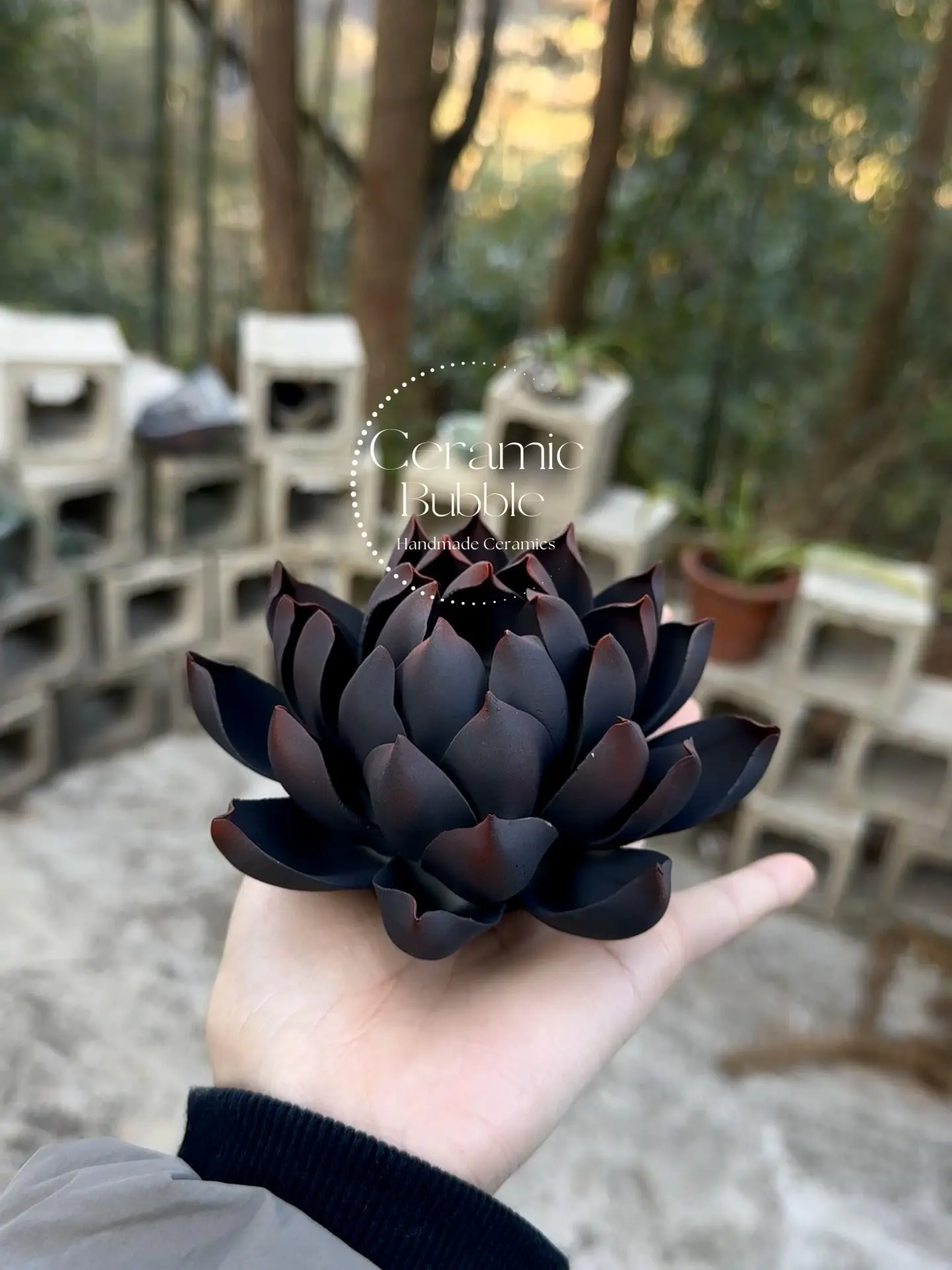 Handmade Matte Black Lotus Flower Shaped Ceramic Incense Holder