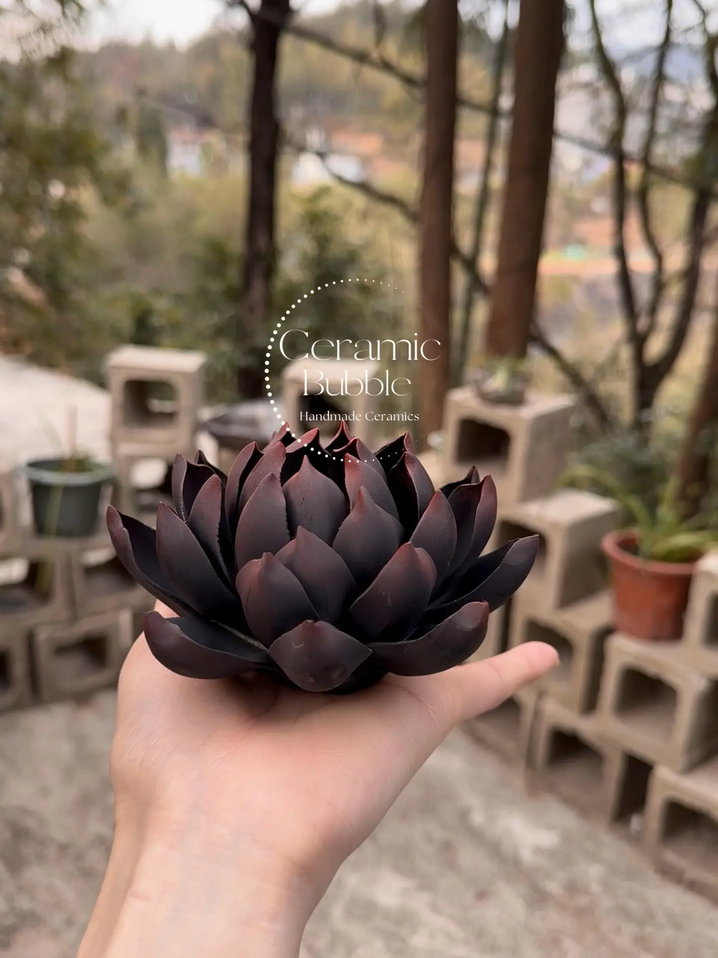 Handmade Matte Black Lotus Flower Shaped Ceramic Incense Holder