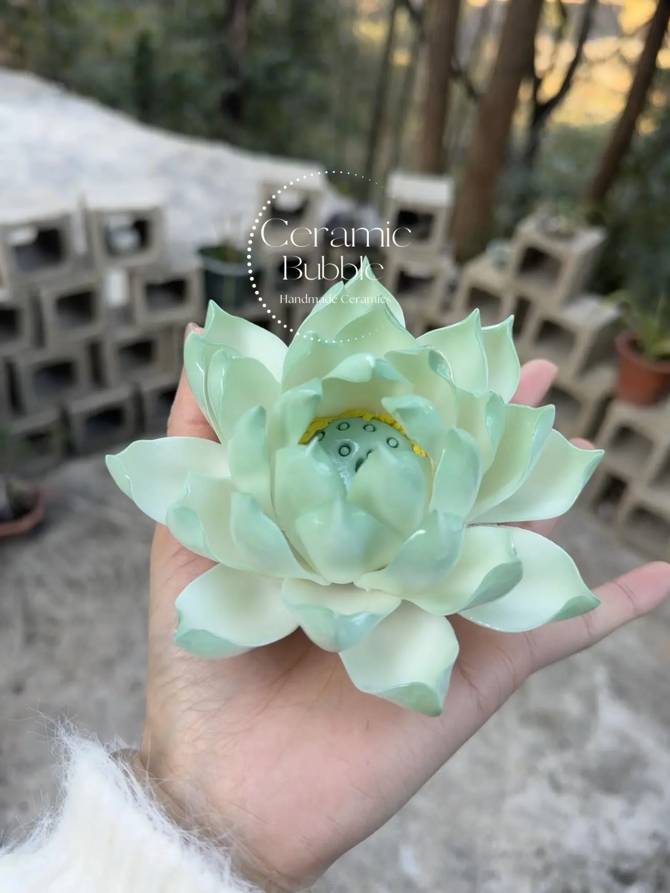 Handmade Mint Green Ceramic Incense Holder Lotus Flower Shaped Incense Burner