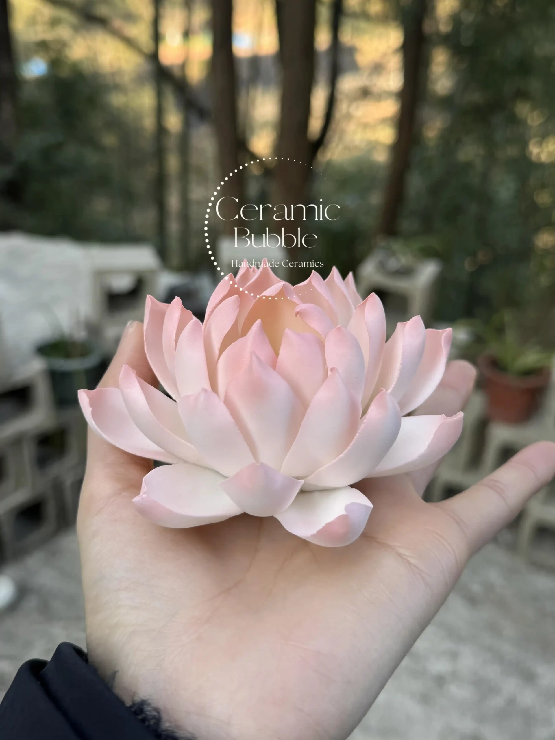 Handmade White Pink Gradient Ceramic Lotus Delicate Zen Inspired Tea Pet Unique Flower Table Decor