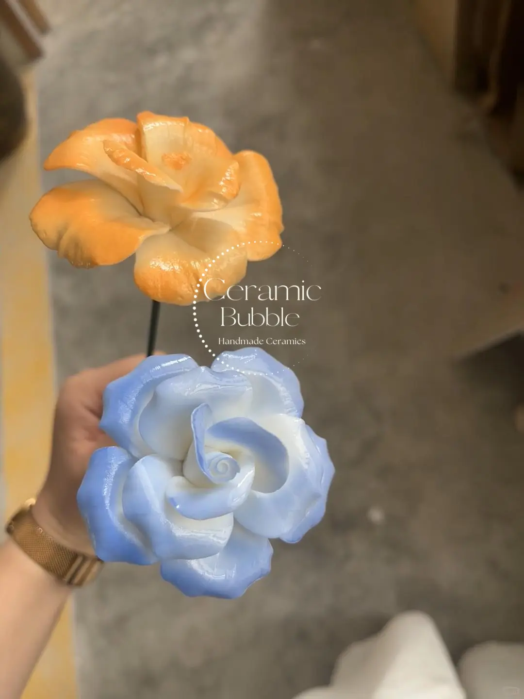 Blue/Orange Ceramic Flower Handmade Ceramic Desk Decor Unique Gift Idea