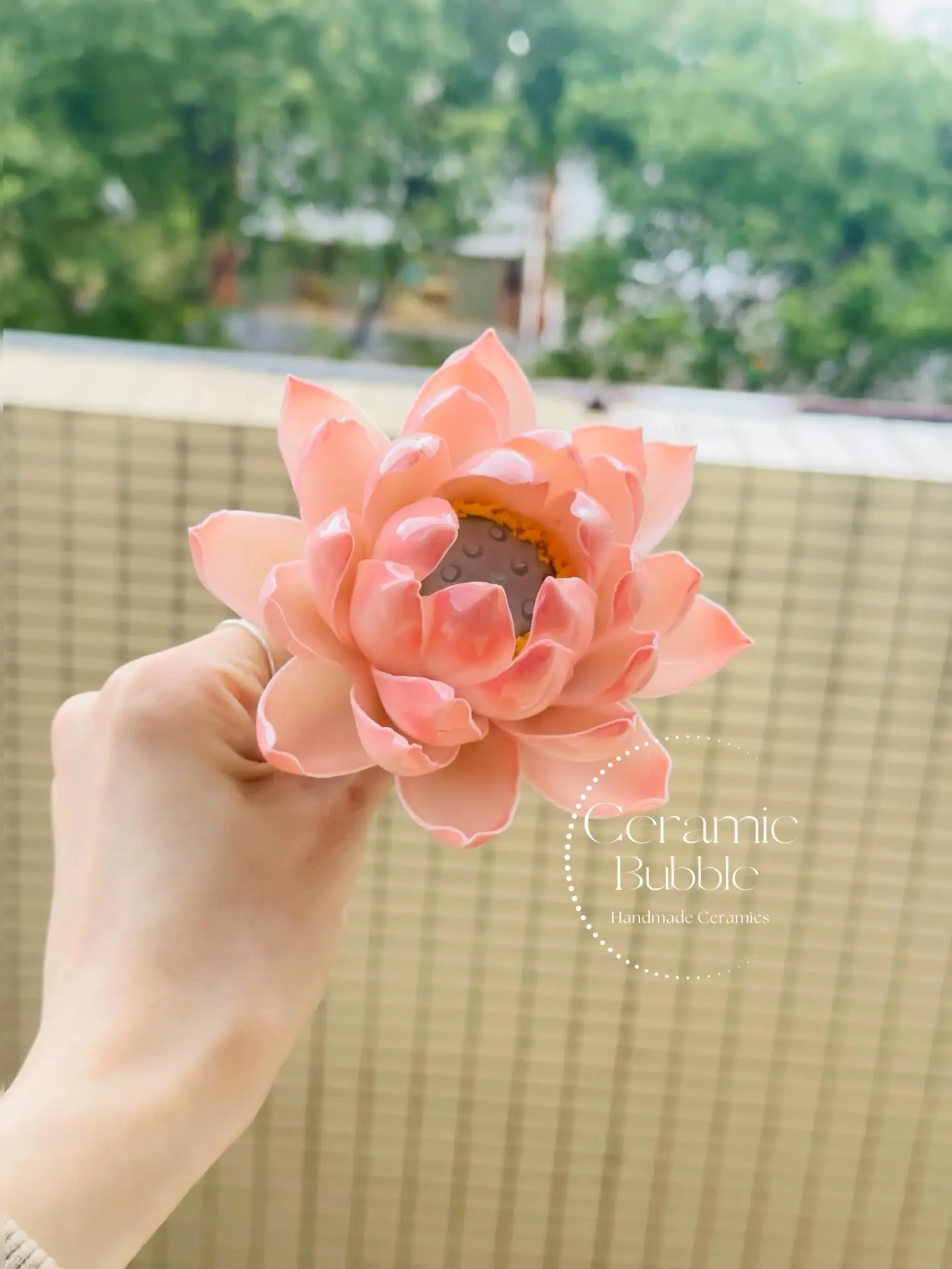 Peach Pink Lotus Shaped Handmade Ceramic Flower Table Decor Zen Inspired Tea Pet