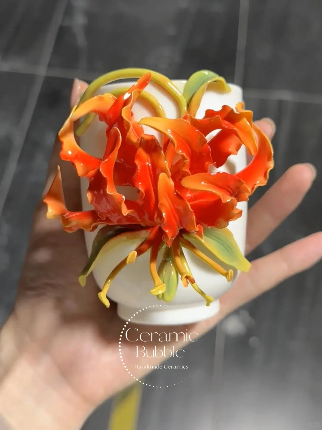 Handmade Unique Orange Flower Ceramic Cup 3D Floral Tea Cup Bestie Christmas Gift