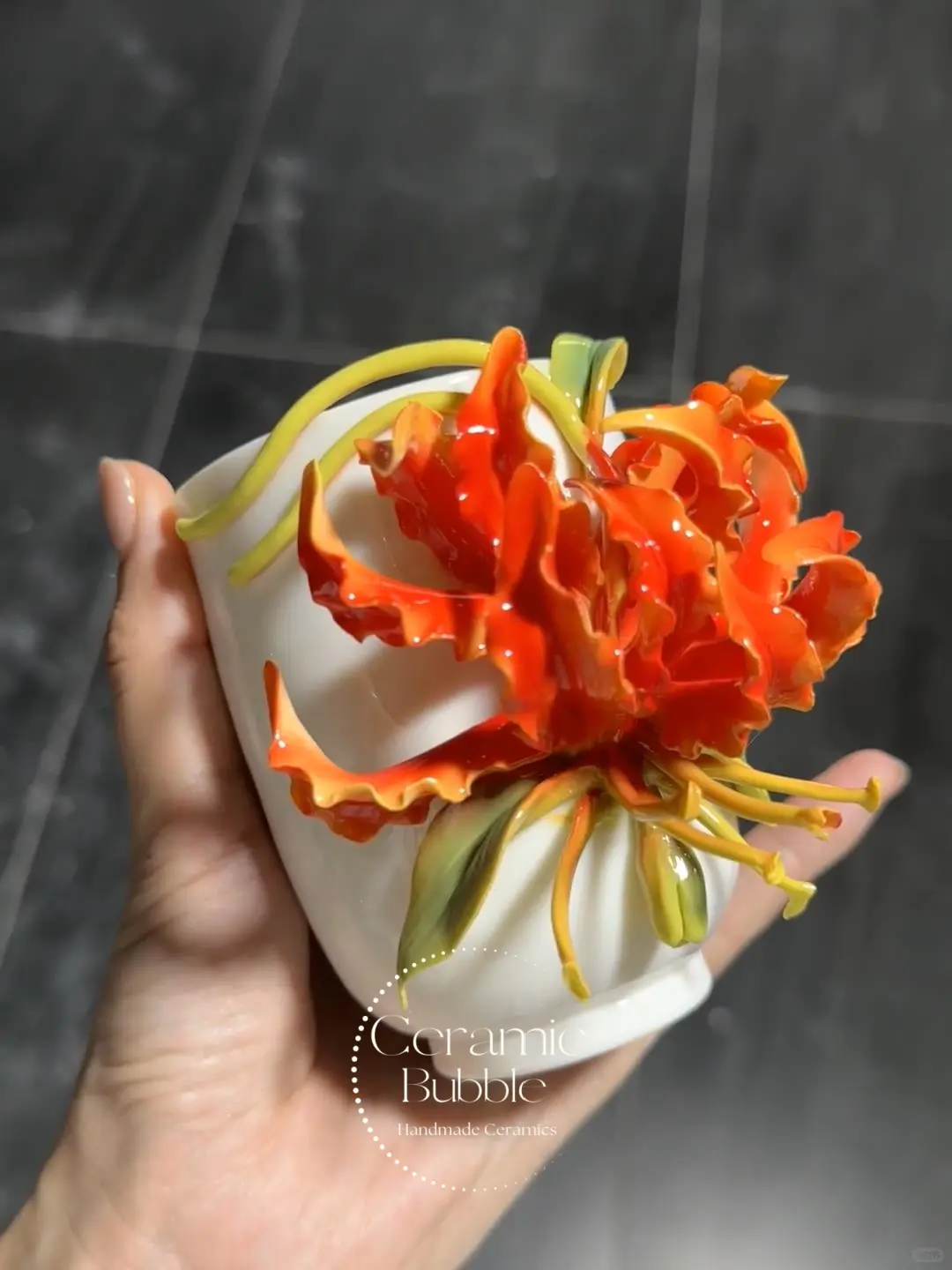Handmade Unique Orange Flower Ceramic Cup 3D Floral Tea Cup Bestie Christmas Gift