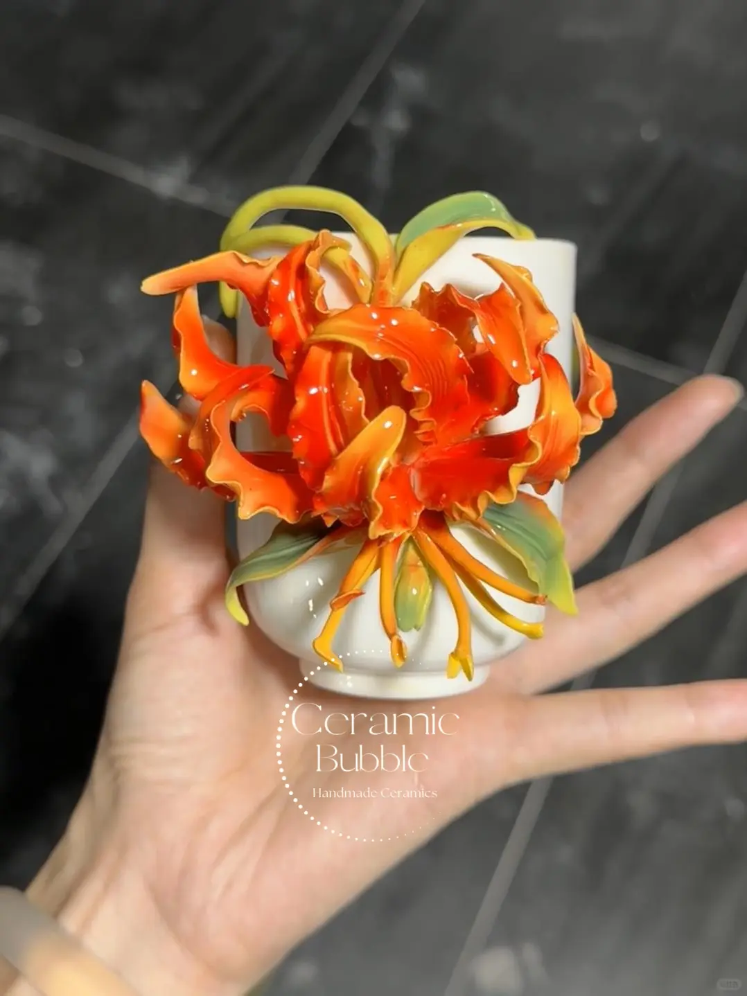 Handmade Unique Orange Flower Ceramic Cup 3D Floral Tea Cup Bestie Christmas Gift