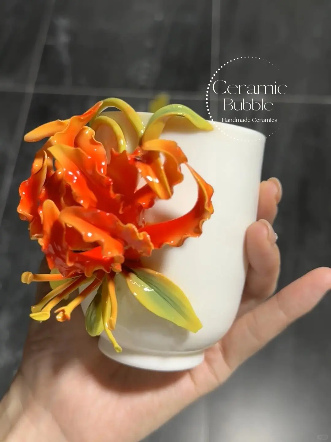 Handmade Unique Orange Flower Ceramic Cup 3D Floral Tea Cup Bestie Christmas Gift