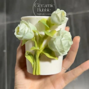 Handmade Unique Ceramic Coffee Cup Green Lisianthus Flower Cup Artistic Floral Drinkware