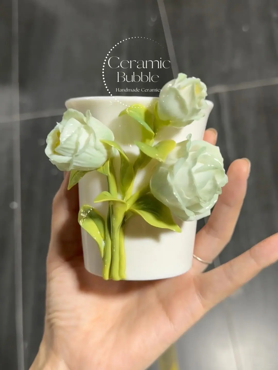 Handmade Unique Ceramic Coffee Cup Green Lisianthus Flower Cup Artistic Floral Drinkware