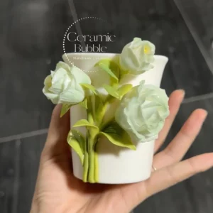 Handmade Unique Ceramic Coffee Cup Green Lisianthus Flower Cup Artistic Floral Drinkware