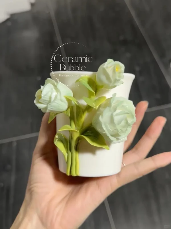 Handmade Unique Ceramic Coffee Cup Green Lisianthus Flower Cup Artistic Floral Drinkware