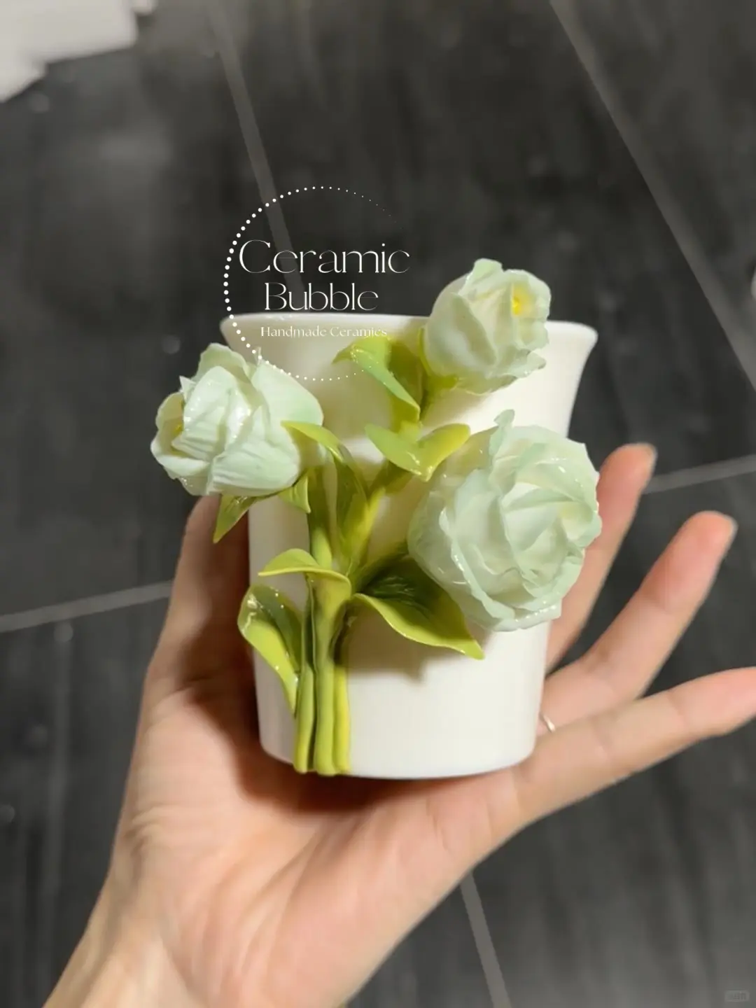 Handmade Unique Ceramic Coffee Cup Green Lisianthus Flower Cup Artistic Floral Drinkware