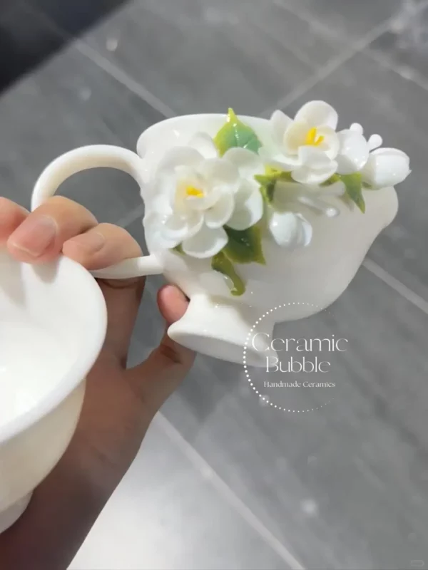 Handmade 3D Flower Coffee Cup White Jasmine Shaped Ceramic Tea Cup Unique Gift