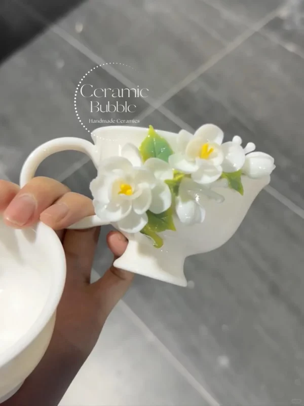 Handmade 3D Flower Coffee Cup White Jasmine Shaped Ceramic Tea Cup Unique Gift