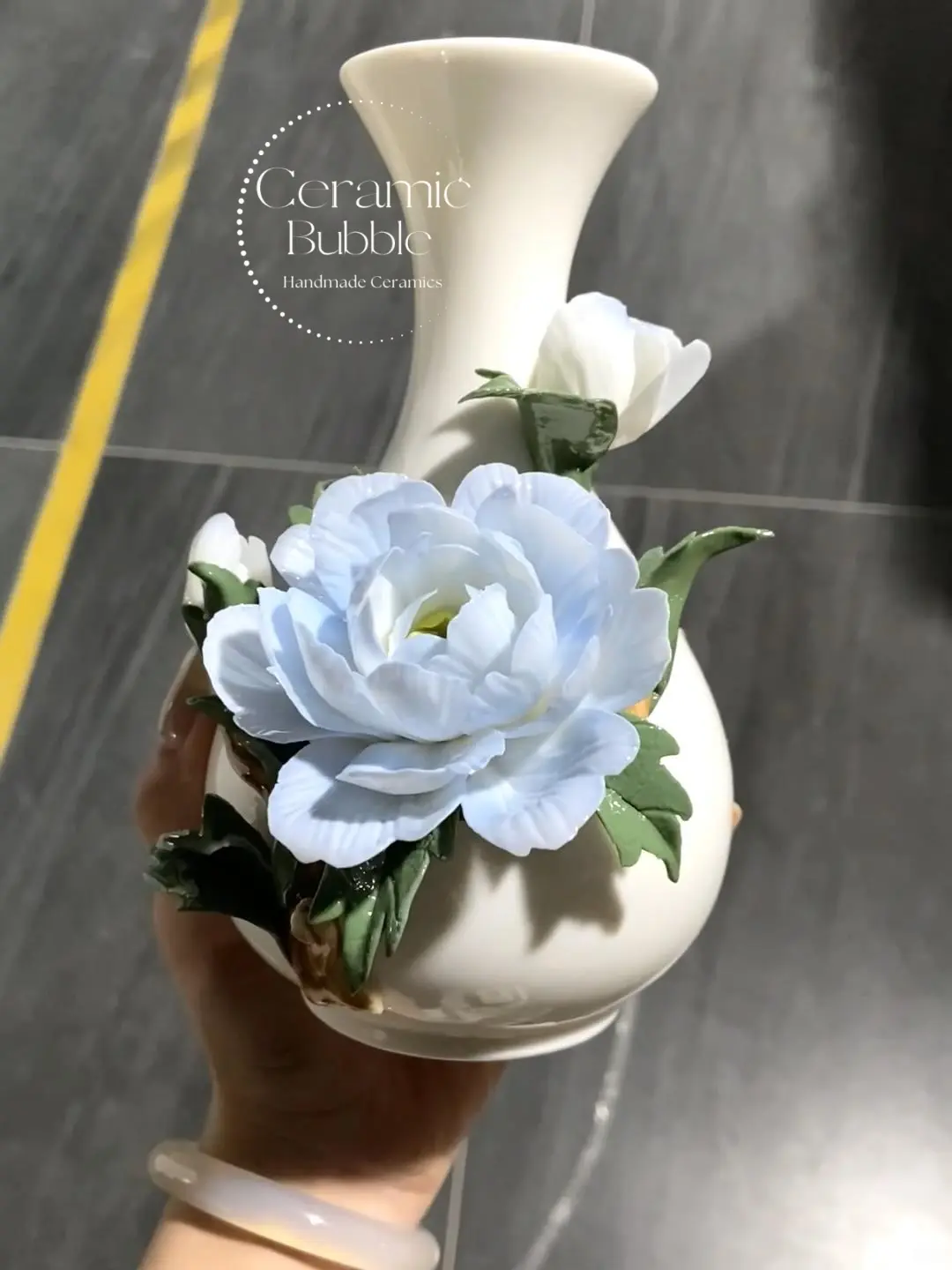 Handmade Blue Peony Shaped Ceramic Flower Pot Elegant Ceramic Vase Gift for Her