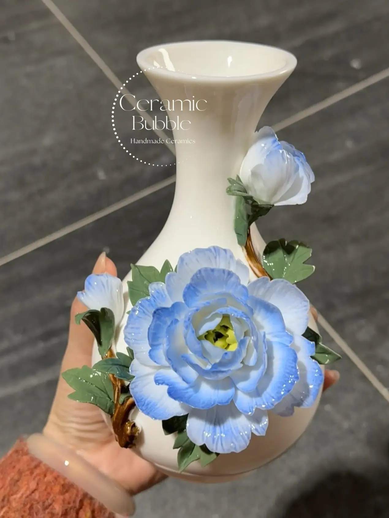 Handmade Blue Peony Shaped Ceramic Flower Pot Small Ceramic Vase Unique Table Decor