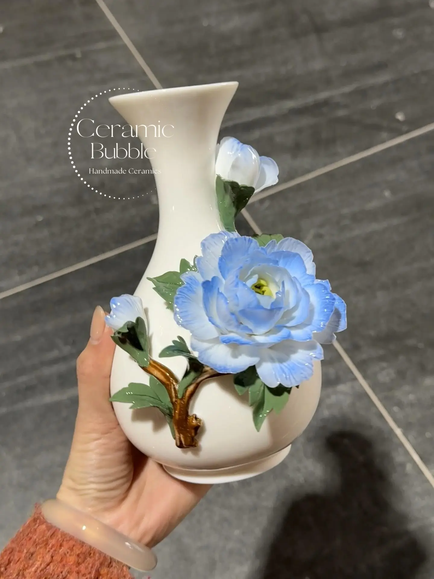 Handmade Blue Peony Shaped Ceramic Flower Pot Small Ceramic Vase Unique Table Decor