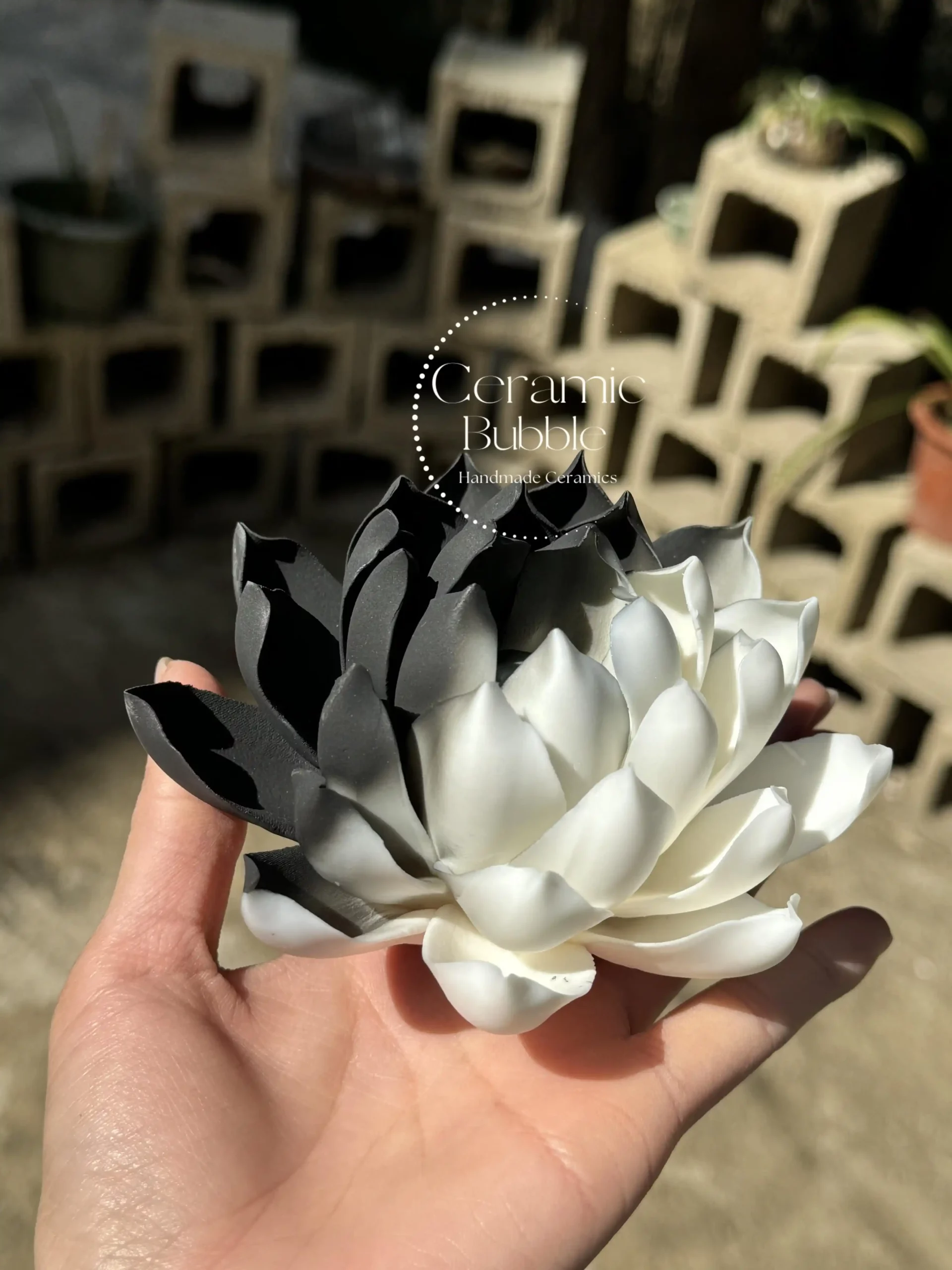 Black and White Ceramic Lotus Shaped Incense Holder Handmade Stick Burner