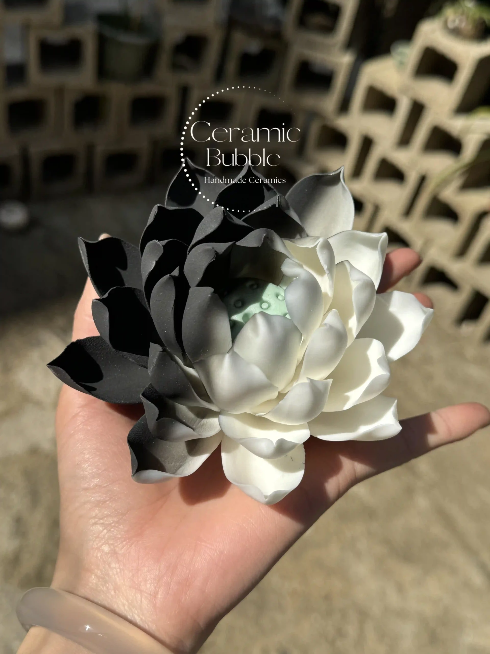 Black and White Ceramic Lotus Shaped Incense Holder Handmade Stick Burner