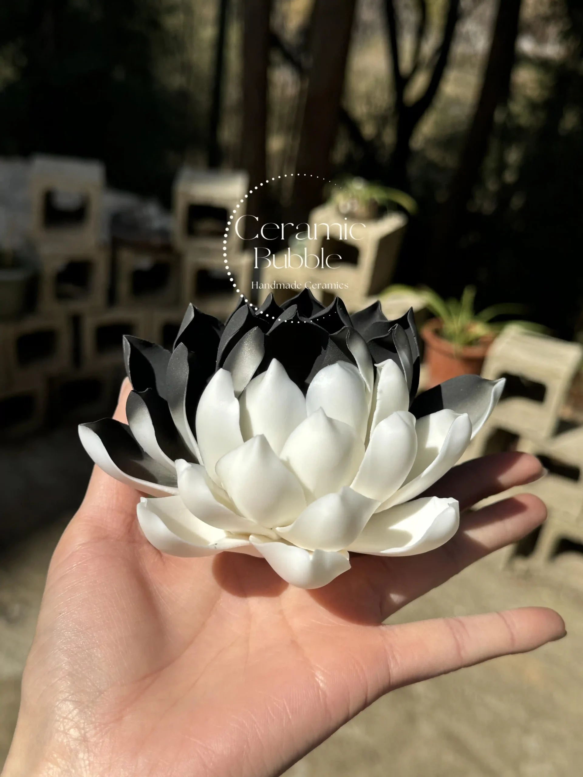 Black and White Ceramic Lotus Shaped Incense Holder Handmade Stick Burner
