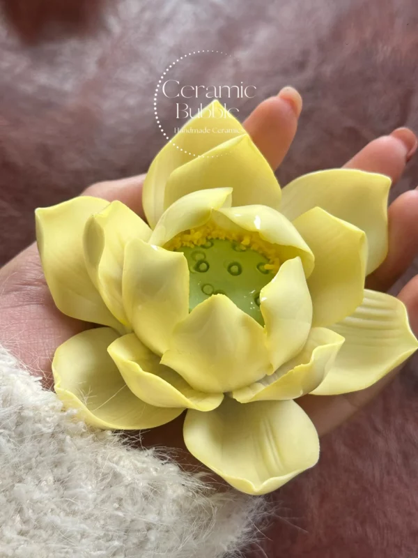 Yellow Lotus Shaped Ceramic Incense Holder Handmade Floral Stick Burner for Home