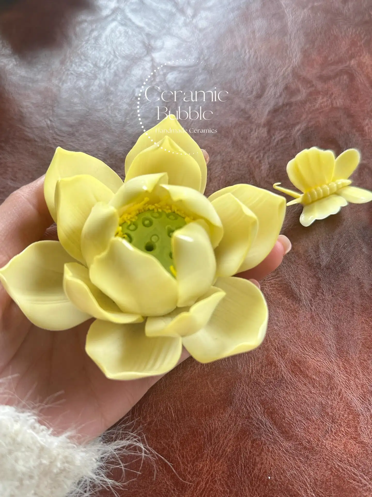 Yellow Lotus Shaped Ceramic Incense Holder Handmade Floral Stick Burner for Home