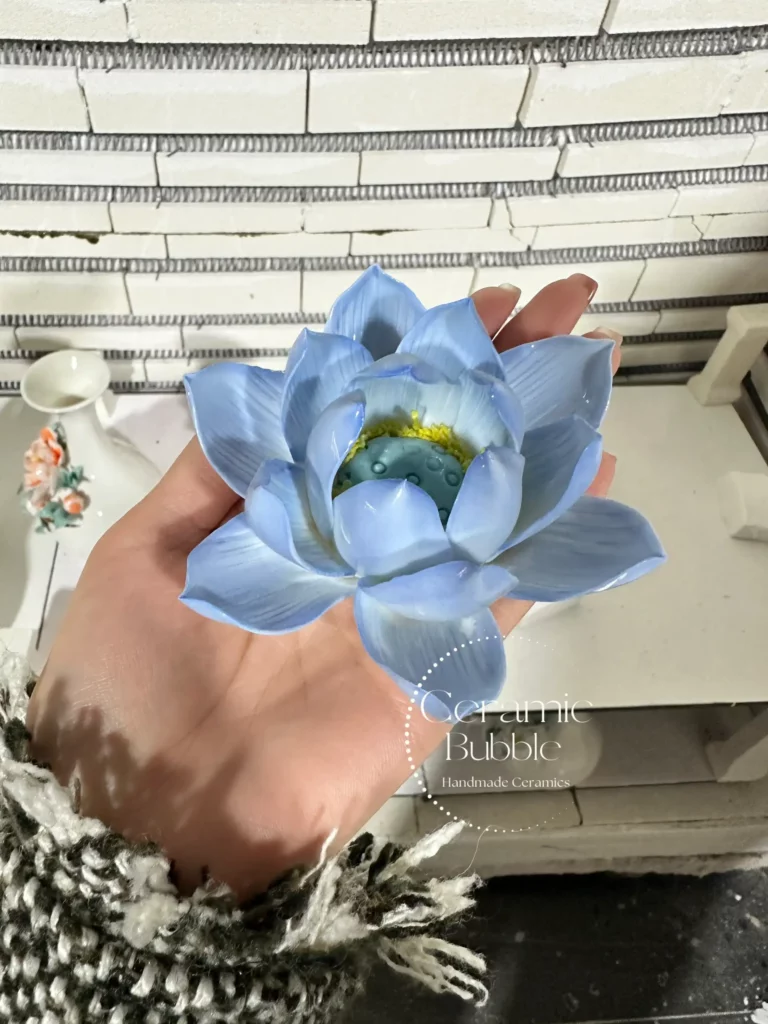 Blue Handmade Ceramic Lotus Shaped Incense Stick Holder Soft Floral Decor for Relaxation