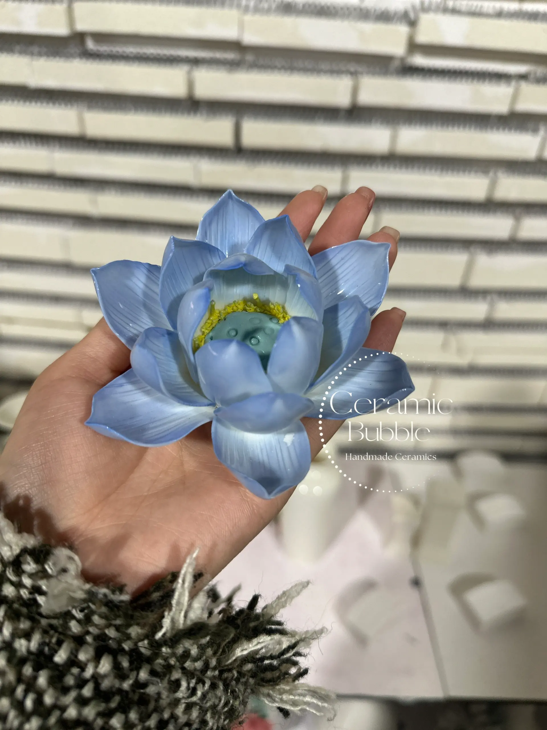 Blue Handmade Ceramic Lotus Shaped Incense Stick Holder Soft Floral Decor for Relaxation