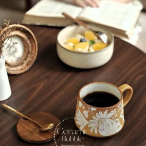 Handmade Brown Ceramic Mug Elegant Hand Painted White Floral Mug