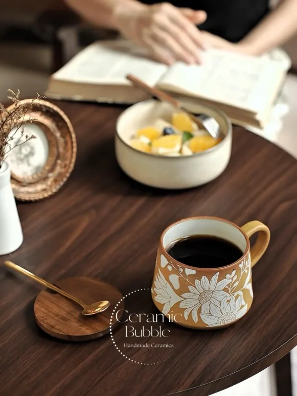 Handmade Brown Ceramic Mug Elegant Hand Painted White Floral Mug