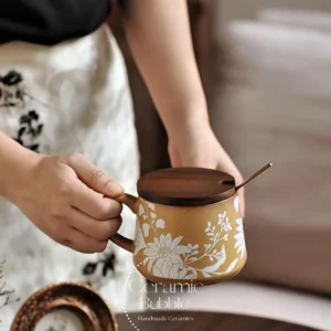 Handmade Brown Ceramic Mug Elegant Hand Painted White Floral Mug
