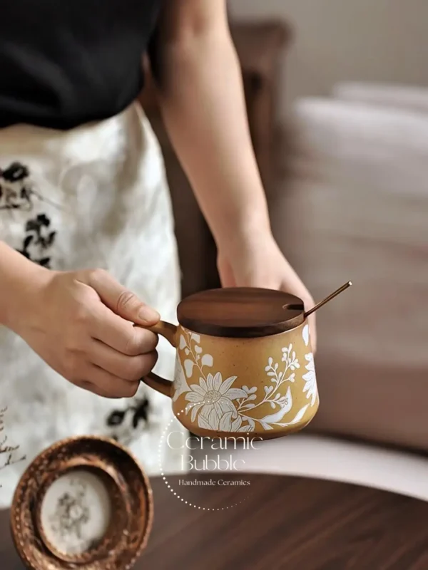 Handmade Brown Ceramic Mug Elegant Hand Painted White Floral Mug