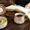 Handmade Brown Ceramic Mug Elegant Hand Painted White Floral Mug