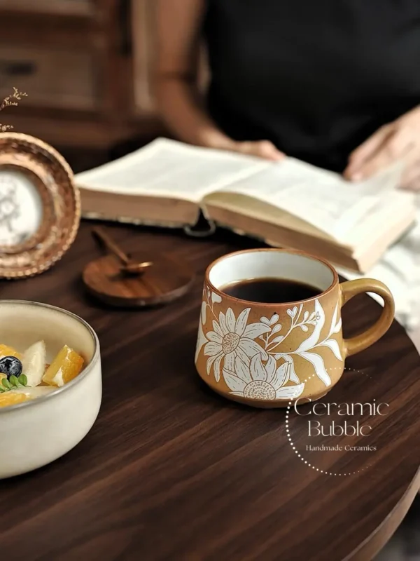Handmade Brown Ceramic Mug Elegant Hand Painted White Floral Mug