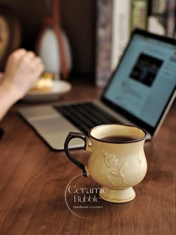 Handmade Beige Ceramic Coffee Cup Vintage-Inspired Coffee Mug
