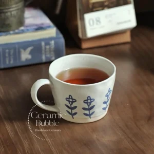 Handmade White Ceramic Mug Minimalist Blue Floral Painted Coffee Cup
