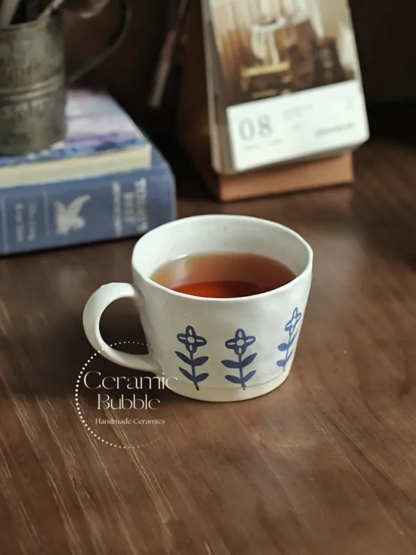 Handmade White Ceramic Mug Minimalist Blue Floral Painted Coffee Cup