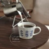 Handmade White Ceramic Mug Minimalist Blue Floral Painted Coffee Cup