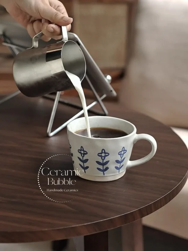 Handmade White Ceramic Mug Minimalist Blue Floral Painted Coffee Cup